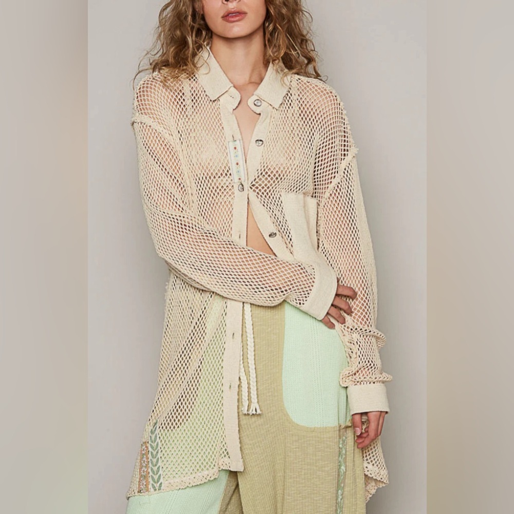POL Cream Color Mesh Button Down Long Sleeve Cover-Up Size LARGE NEW